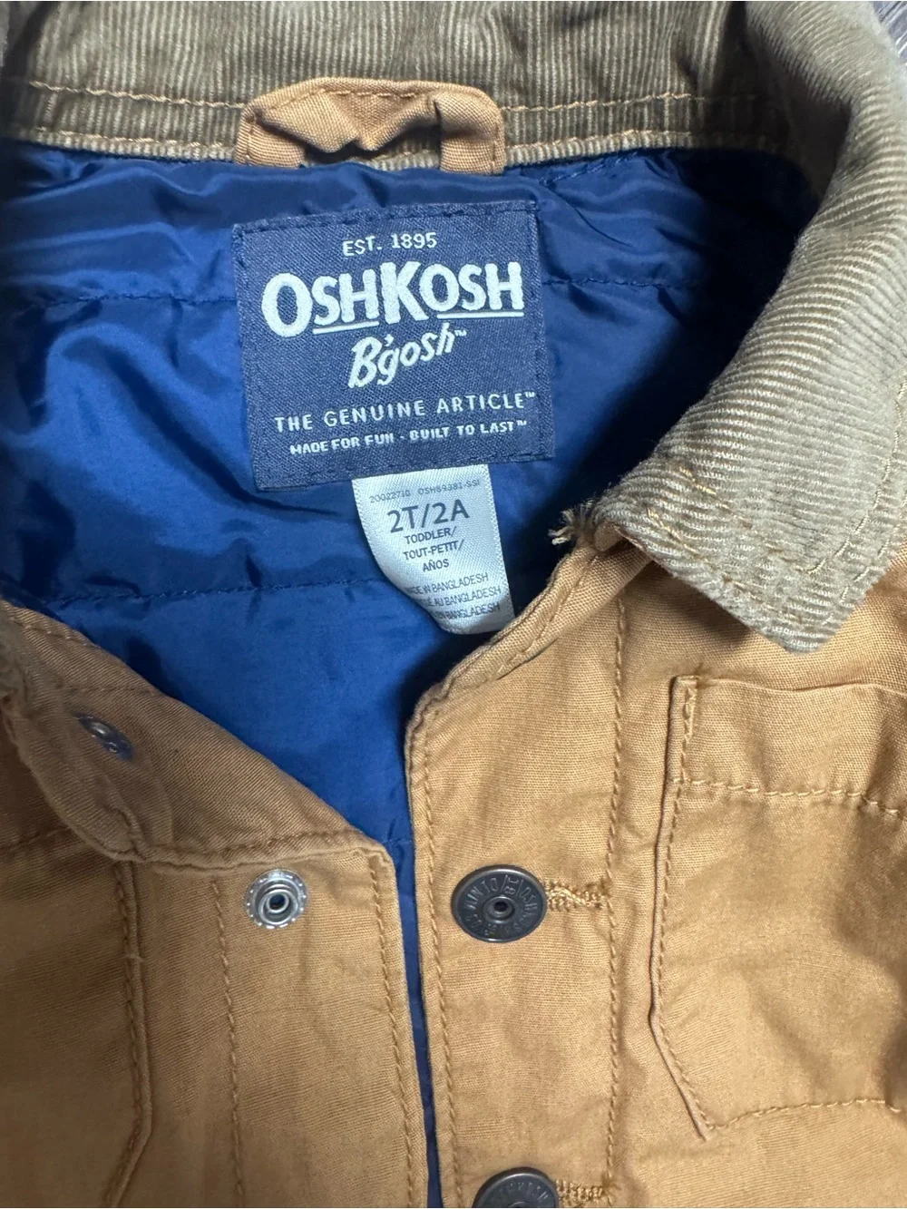 OshKosh B'gosh Tan Canvas Jacket with Olive Corduroy Collar